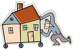 Man pushing house on wheels